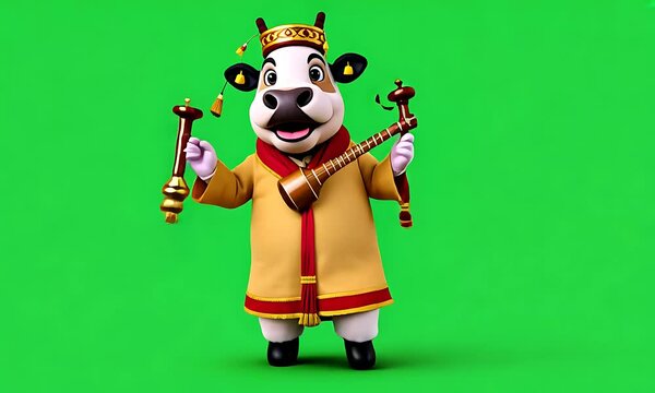 Animated cow in regal attire, playing musical instrument