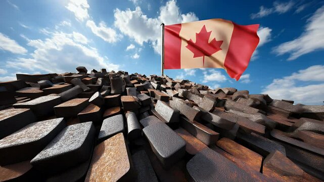 The flag waves, atop a textured mound, under a blue sky dotted with fluffy clouds on a sunny day, creating a vivid tableau