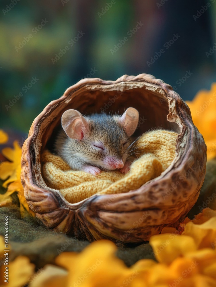 Poster tiny mouse peacefully sleeps in a cozy walnut shell bed surrounded by vibrant autumn flowers in a wh