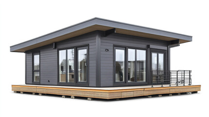 Modern prefabricated house with large windows and wooden deck