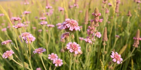 Fototapeta premium Delicate Pink Flowers Blooming in a Lush Green Field Vibrant Nature Scene Summer Meadow