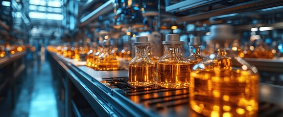 Bottled liquid flows down the production line, lit in blue. Automated