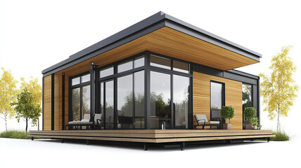 Fototapeta premium Modern prefabricated house with large windows and wooden exterior