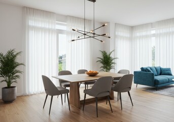 Fototapeta premium Bright dining room with modern chandelier table chairs plants and a blue sofa near windows
