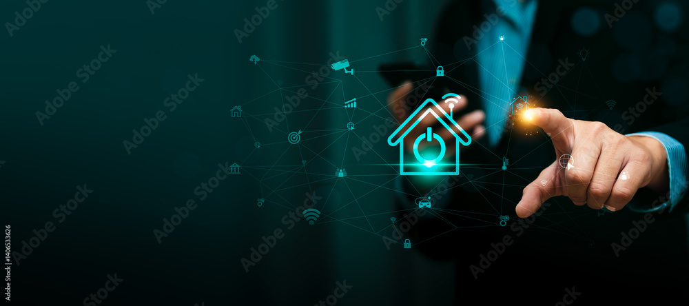 Poster business professional using mobile device and futuristic digital interface for smart home control an