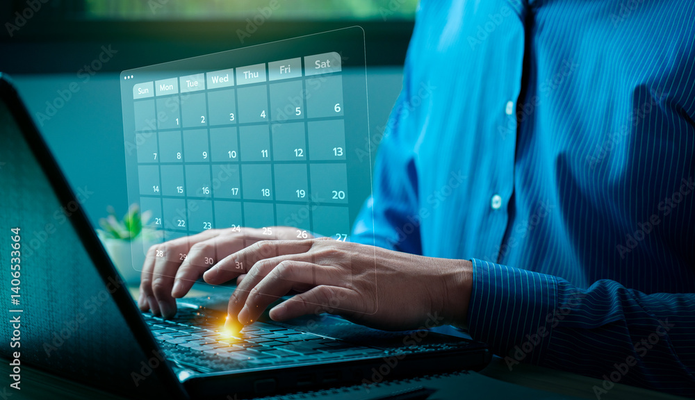 Poster business professional using digital tools to manage a futuristic calendar on interface, highlighting
