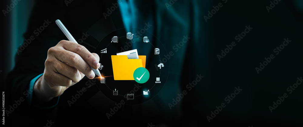 Aufkleber businessman holding digital file management system with cloud computing technology, showcasing secur
