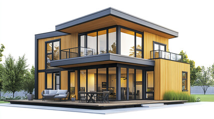 Fototapeta premium Modern prefabricated house with large windows and wooden exterior