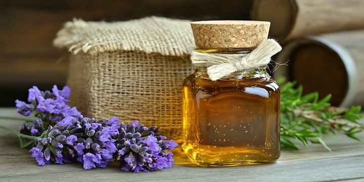 Golden elixir in vintage jar with lavender bloom on rustic wooden surface
