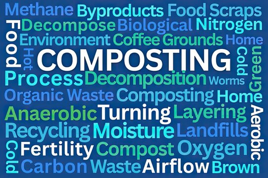 Composting Word Cloud on Blue background with many Different Associated Words