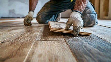 Carpenter installing wooden flooring in a newly built home. Featuring wood installation and home renovation
