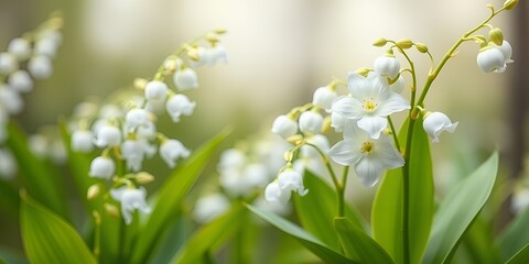 Delicate White Lily of the Valley Flowers Blooming in Springtime Garden