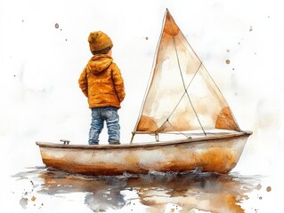 Child's Dream: A Watercolor Painting of a Young Boy Sailing Away on a Boat, Embarking on a Voyage of Imagination and Wonder with Peaceful waters.