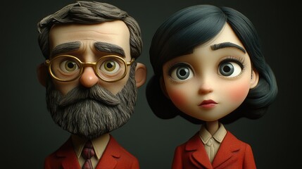 Fototapeta premium Close-up portrait of a man and woman, stylized cartoon figures, dressed in period clothing