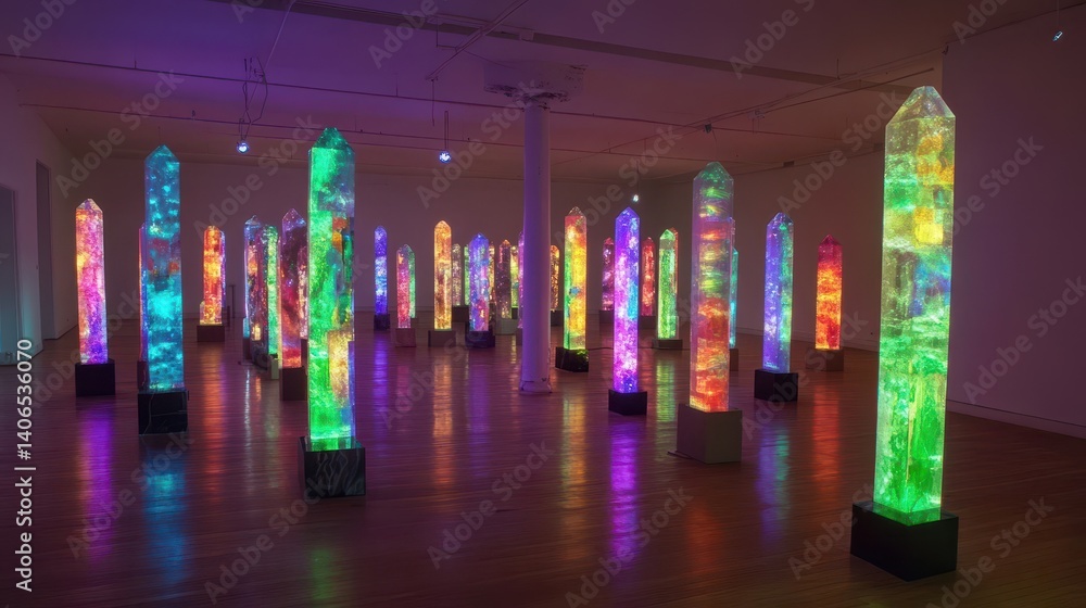 Poster multicolored illuminated crystal pillars in a gallery setting.