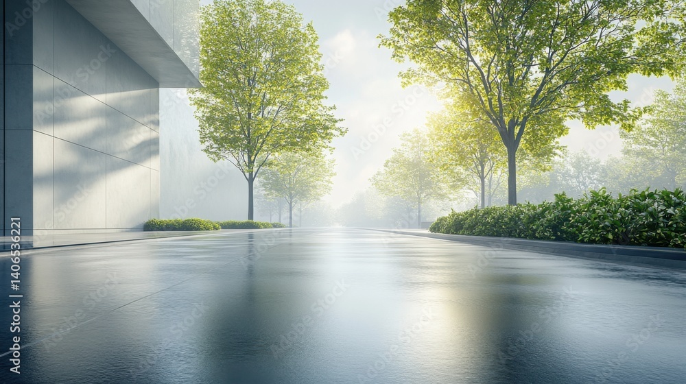 Poster a serene urban setting with wet pavement, lush trees, and soft sunlight filtering through, creating 