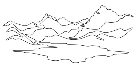 Continuous one line drawing small mountain lake. High mountains. Landscape.
