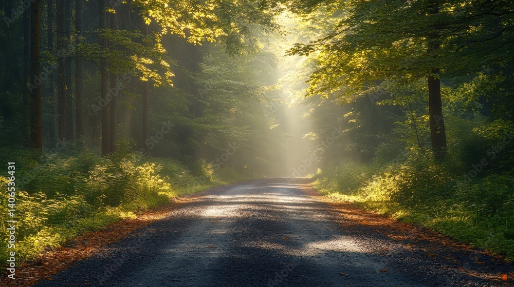 Poster a serene forest path illuminated by soft sunlight, surrounded by lush foliage and a tranquil atmosph