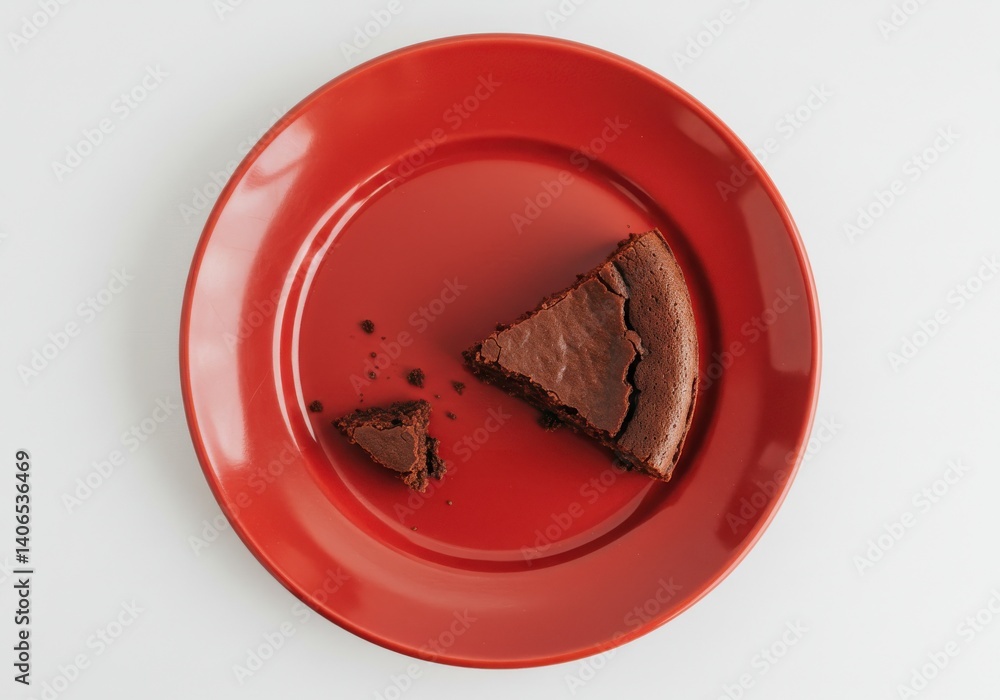 Poster a slice of chocolate cake on a red plate with a small piece next to it on a white background view fr