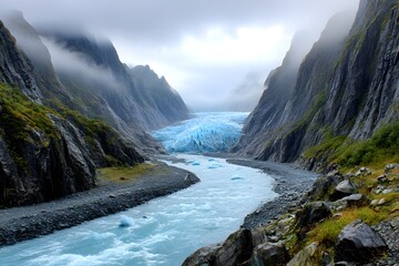 Glacier flowing between dark cliffs blue ice