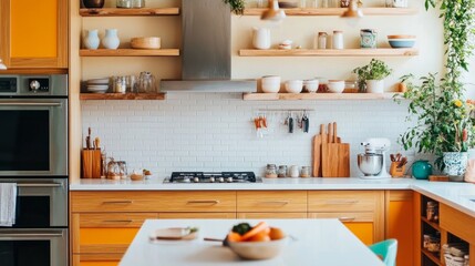 Soft neutral kitchen space with bold cabinet color, open concept shelving, and clean white countertop finish