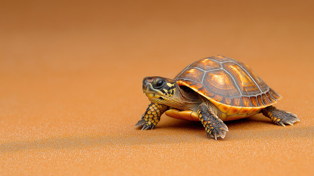 Little Turtle's Journey: Capturing a detailed and charming close-up of a baby turtle navigating the brown surface, highlighting its unique patterns and determined gaze.