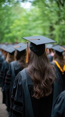 Graduates wearing caps and gowns walk through trees towards their bright future