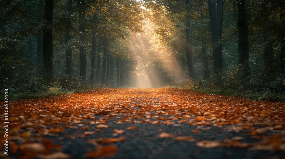 Poster a tranquil forest path covered in autumn leaves, illuminated by soft sunlight filtering through the 