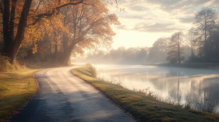 Obraz premium A serene autumn landscape featuring a misty river, a winding path, and trees with golden leaves, evoking a peaceful, tranquil atmosphere.