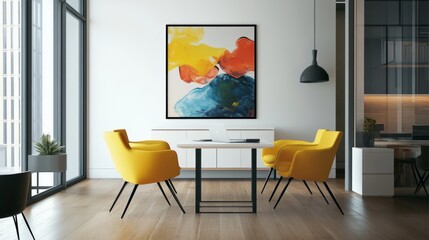 Design-forward office scene featuring eye-catching wall art, sunny yellow chairs, and crisp white modern decor