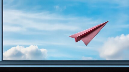 Red paper airplane soars through a window to a bright blue sky.
