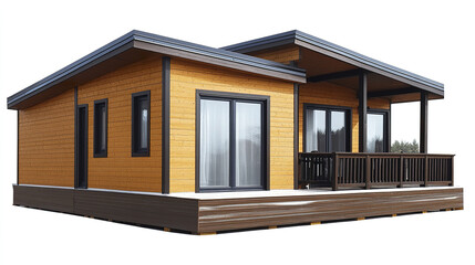 modern prefabricated house with wooden exterior and large windows