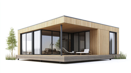 Modern prefabricated house with wooden exterior and large windows