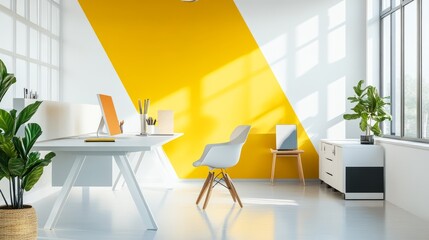 White background office with minimalist furniture, abstract geometric wall graphics, and vibrant yellow accents