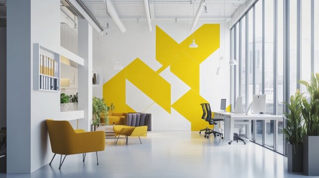 White background office with minimalist furniture, abstract geometric wall graphics, and vibrant yellow accents
