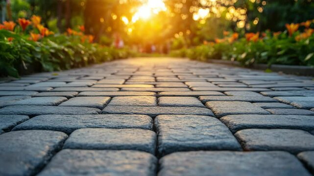 Stone pathway stretches into a garden with bright flowers and sunlight in the distance, paving blocks lead the eye forward.