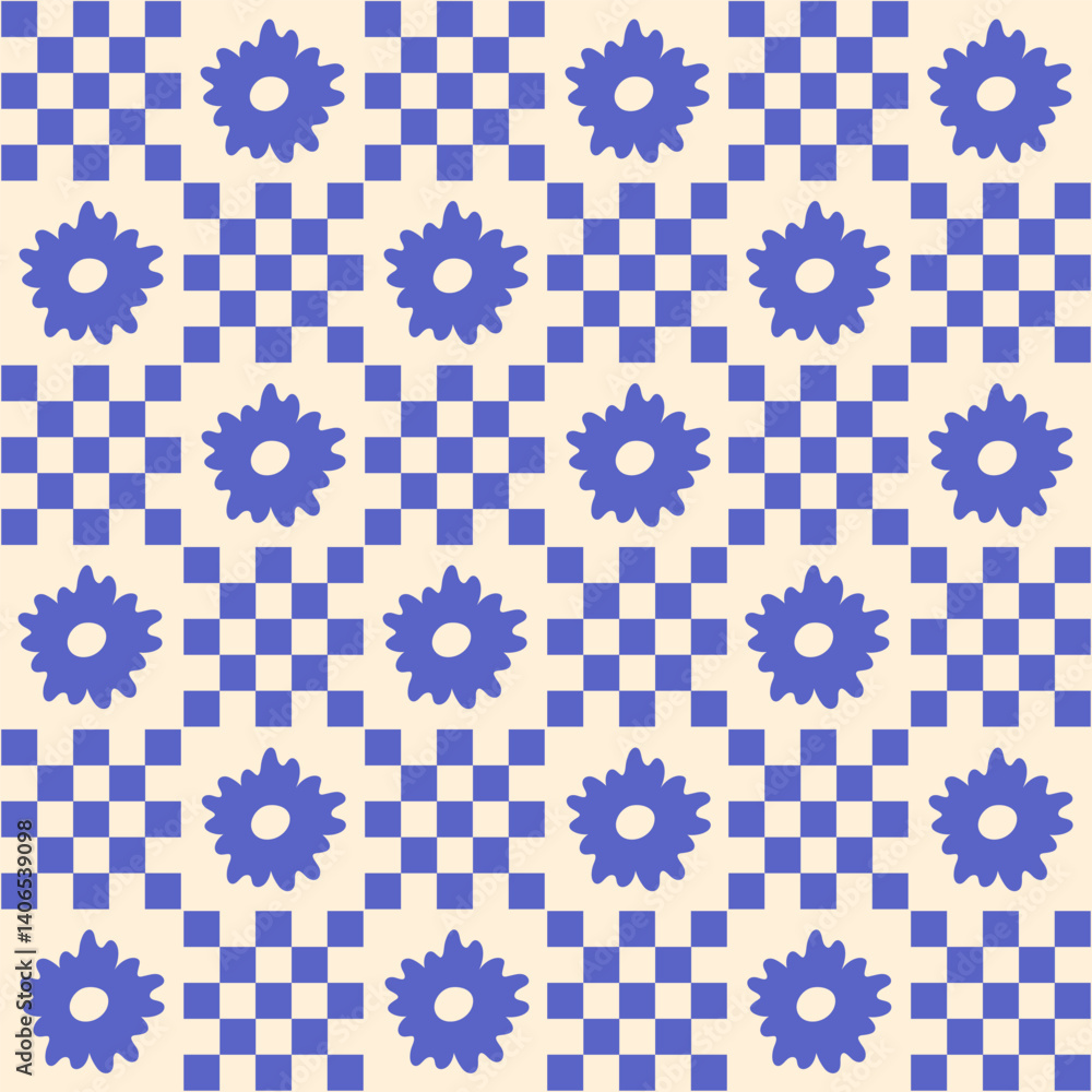 Aufkleber geometric seamless pattern with hand drawn flowers and squares on a beige background. simple groovy 