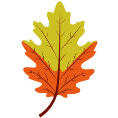 Obraz premium A vibrant flat design illustration of an autumn oak leaf in green and orange hues, perfect for seasonal, botanical, or nature-themed creative projects.
