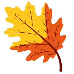 Obraz premium A flat vector illustration of a maple-shaped autumn leaf in orange and yellow tones, perfect for seasonal themes, nature projects, or decorative use.