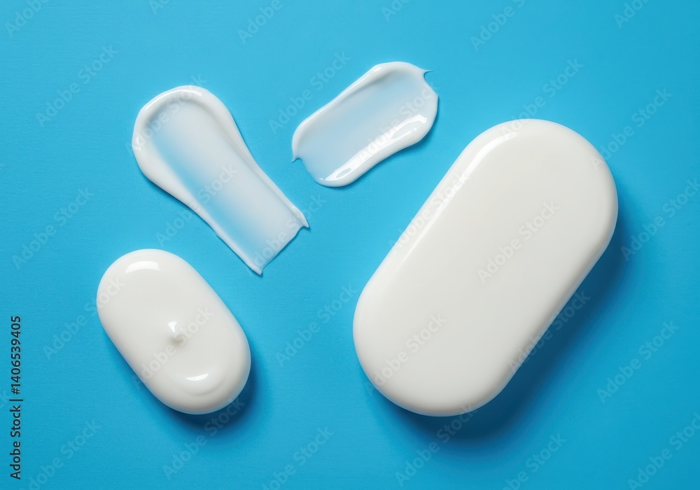 Aufkleber Close up of white cream smears and blobs on a bright blue surface in a studio setting top view