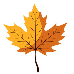 A flat vector illustration of a maple-shaped autumn leaf in orange and yellow tones, perfect for seasonal themes, nature projects, or decorative use.