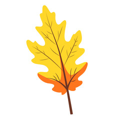 A flat vector illustration of a yellow and orange autumn leaf, ideal for seasonal designs, nature themes, educational projects, or decorative artwork.