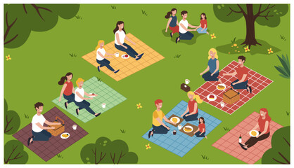 Obraz premium Groups of People Having Picnic in Park Vector Illustration