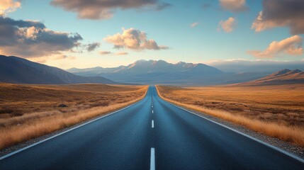 Naklejka premium A long, straight road stretches towards distant mountains under a blue sky filled with soft clouds, surrounded by golden grasslands.