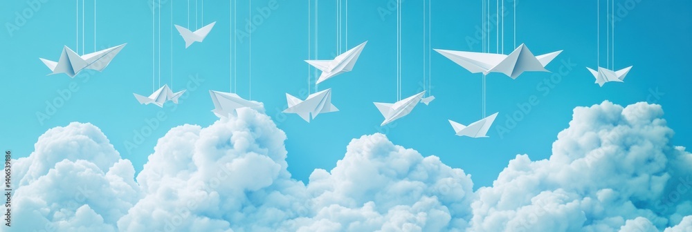 Poster Soft sky adorned with playful paper planes and fluffy clouds creating a whimsical childlike atmosphere in a serene blue background