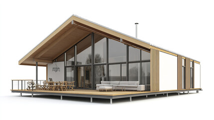 Fototapeta premium Modern prefabricated house with large windows and wooden deck