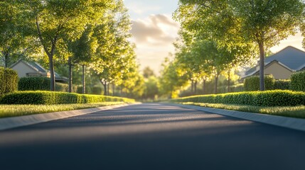Fototapeta premium A serene suburban street lined with lush trees and well-manicured shrubs under a bright sky, inviting a peaceful atmosphere.