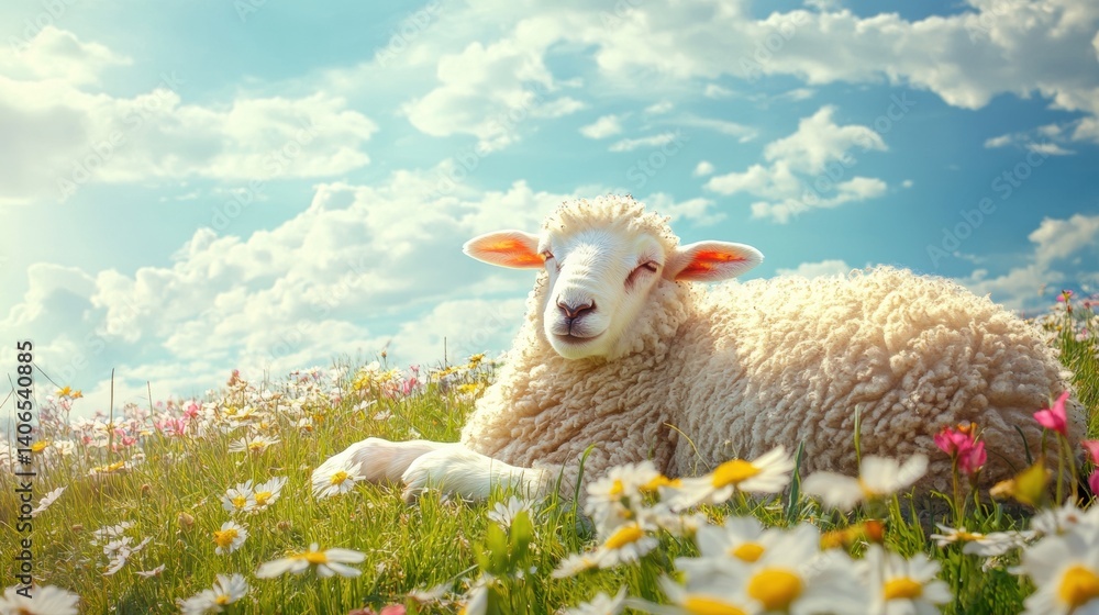 Aufkleber soft sheep resting on green hill surrounded by colorful flowers under a bright spring sky in lapki