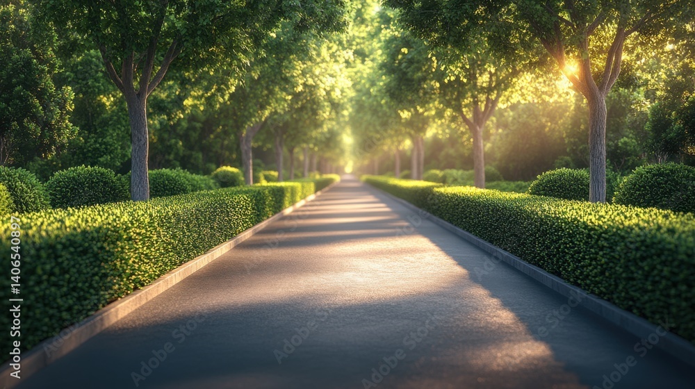 Poster a serene pathway lined with trees and shrubs, illuminated by soft sunlight, creating a peaceful and 