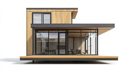 Modern prefabricated house with large windows and wooden exterior